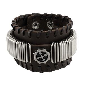 Brown Leather Wristband with Chrome Rings Faux Compass Center